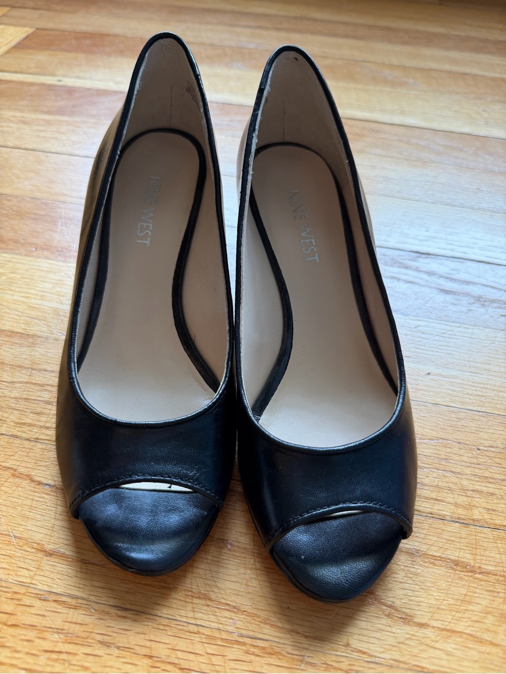 Nine West Black Leather Peep-Toe Wedges